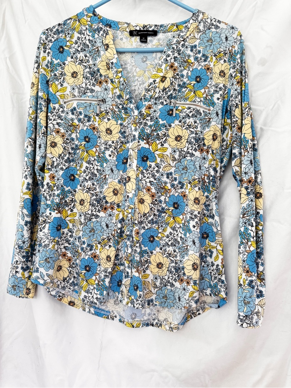 INC International Concepts Floral Zip-Pocket Blouse Blue Yellow Size M